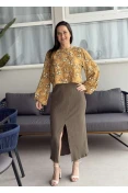BLUSA FEMININA CROPPED MANGA LONGA BUFANTE FLORAL COLCCI - Amarelo queimado