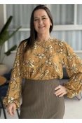 BLUSA FEMININA CROPPED MANGA LONGA BUFANTE FLORAL COLCCI - Amarelo queimado