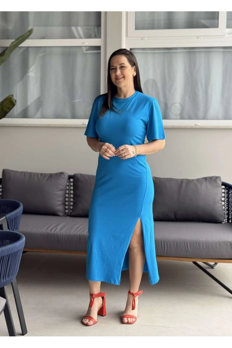 VESTIDO MIDI FEMININO BASICO LOGO METAL - Azul claro