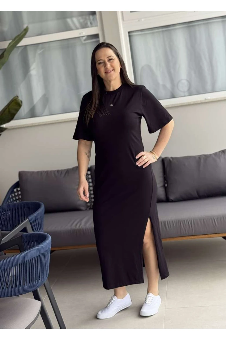 VESTIDO MIDI FEMININO BASICO LOGO METAL - Preto